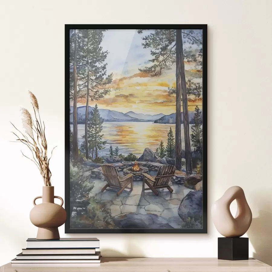 Fotobehang Meer met bergen op de zonsondergang, reizen, gezellige open haard, aquarel f44018