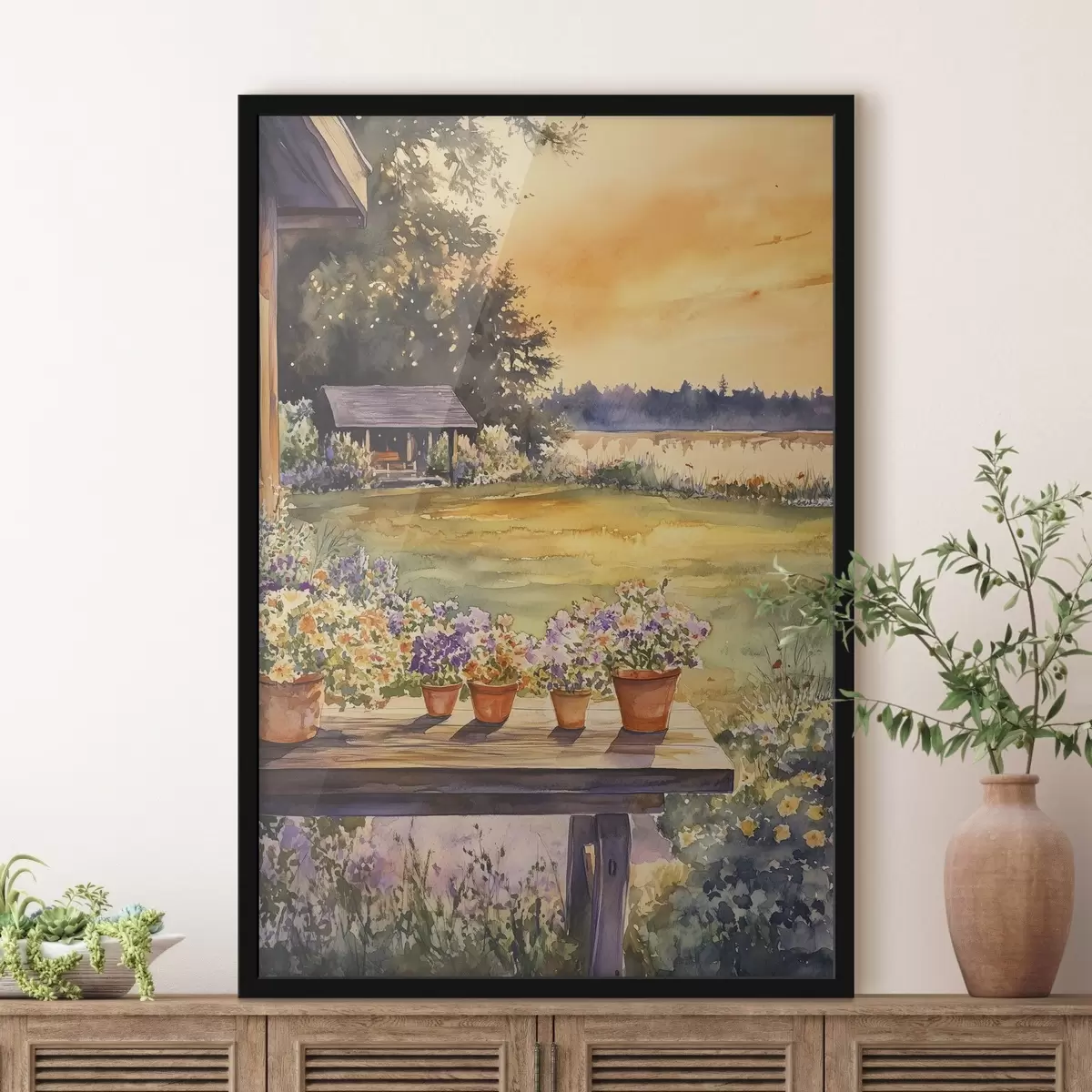 Affiche Fleurs dans le jardin du village, couleurs du coucher de soleil, style aquarelle f44019