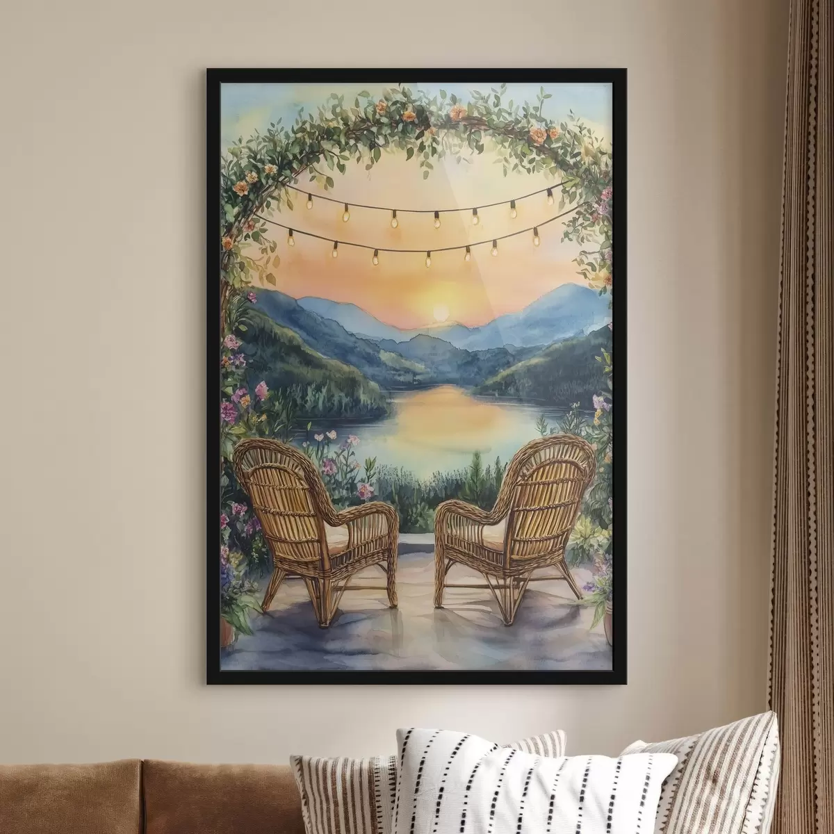 Affiche Chaises en osier au coucher du soleil, paysage de montagne, style boho f44020