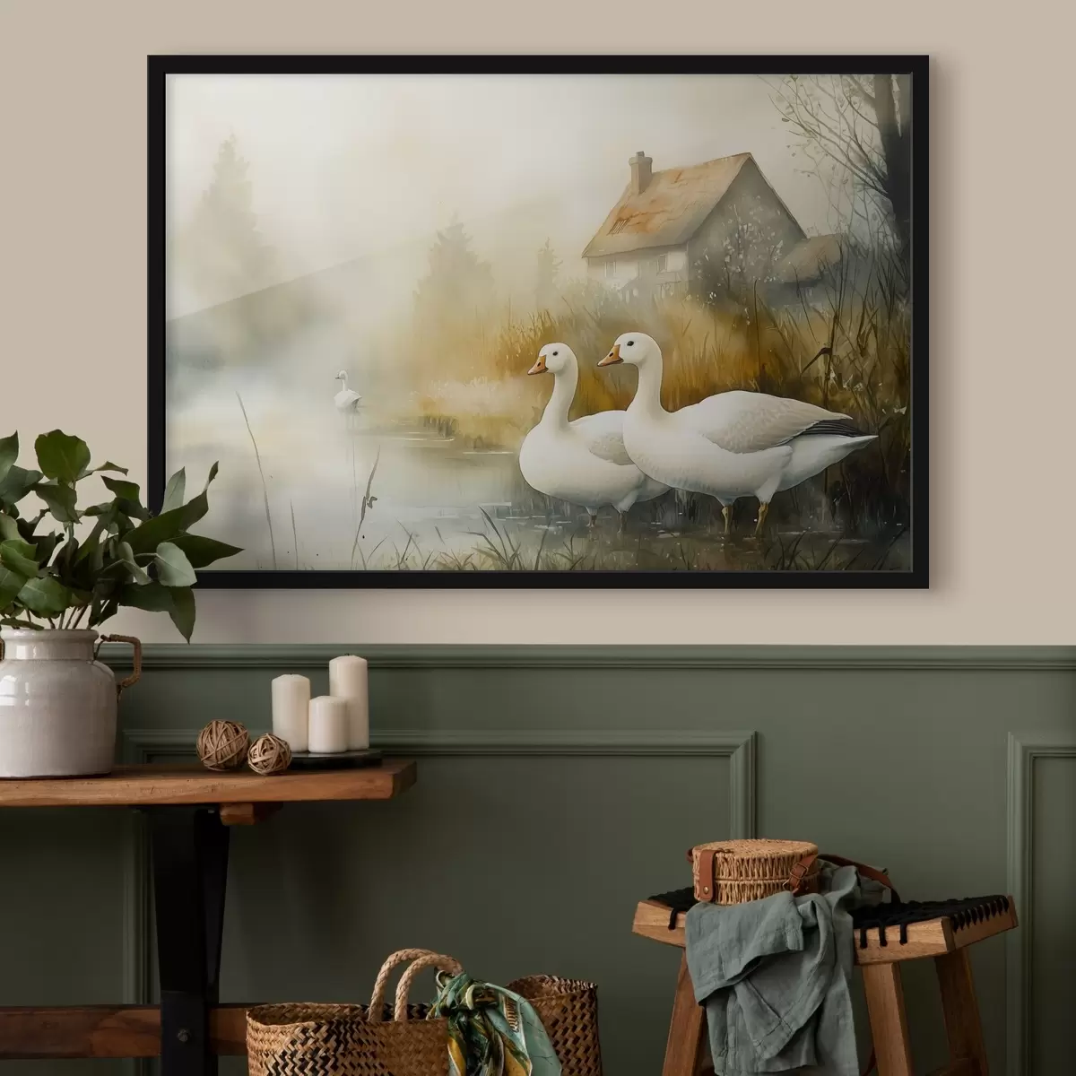 Poster Ganzen in het meer bij boerderij, rustiek, aquarel stijl f44022