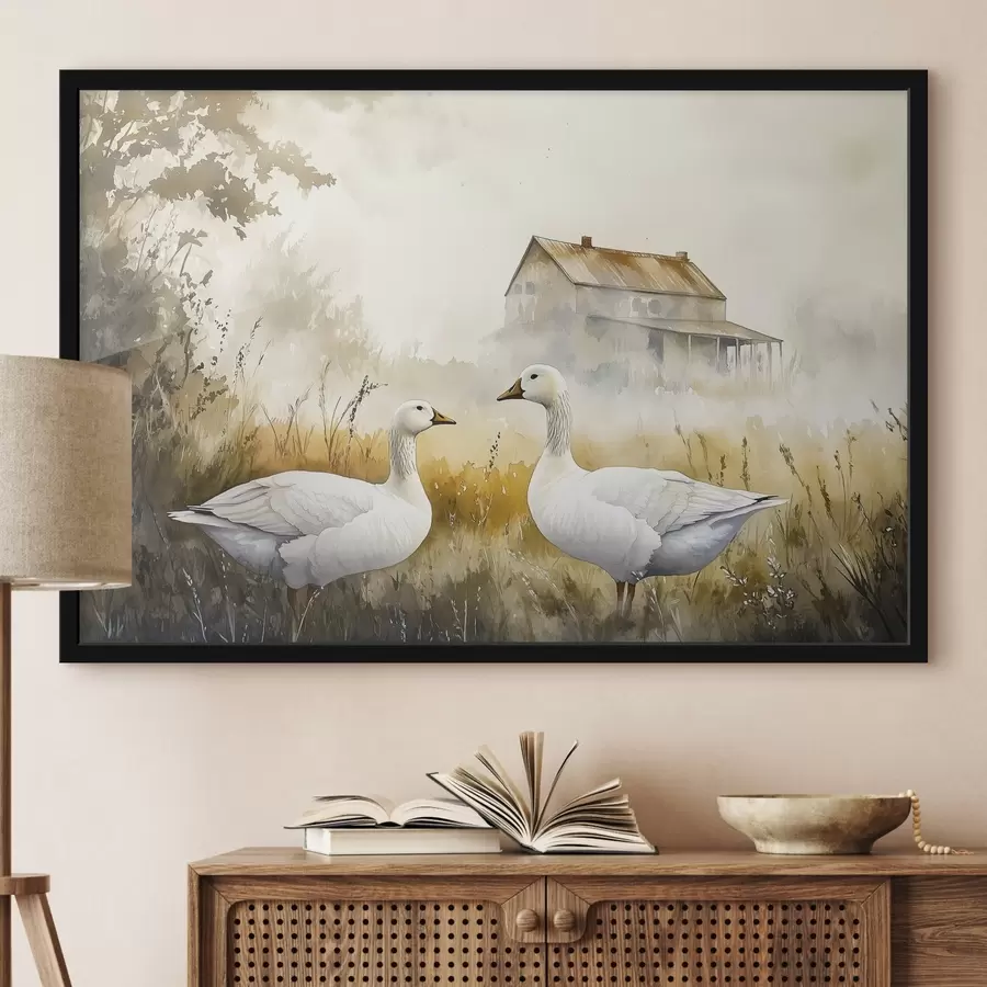 Fotobehang Ganzen in aquarelstijl in het veld, dorp, rustiek f44024