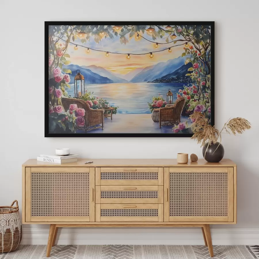 Fotobehang Prachtige zonsondergang in de bergen, meer, rozen, boho stijl f44025