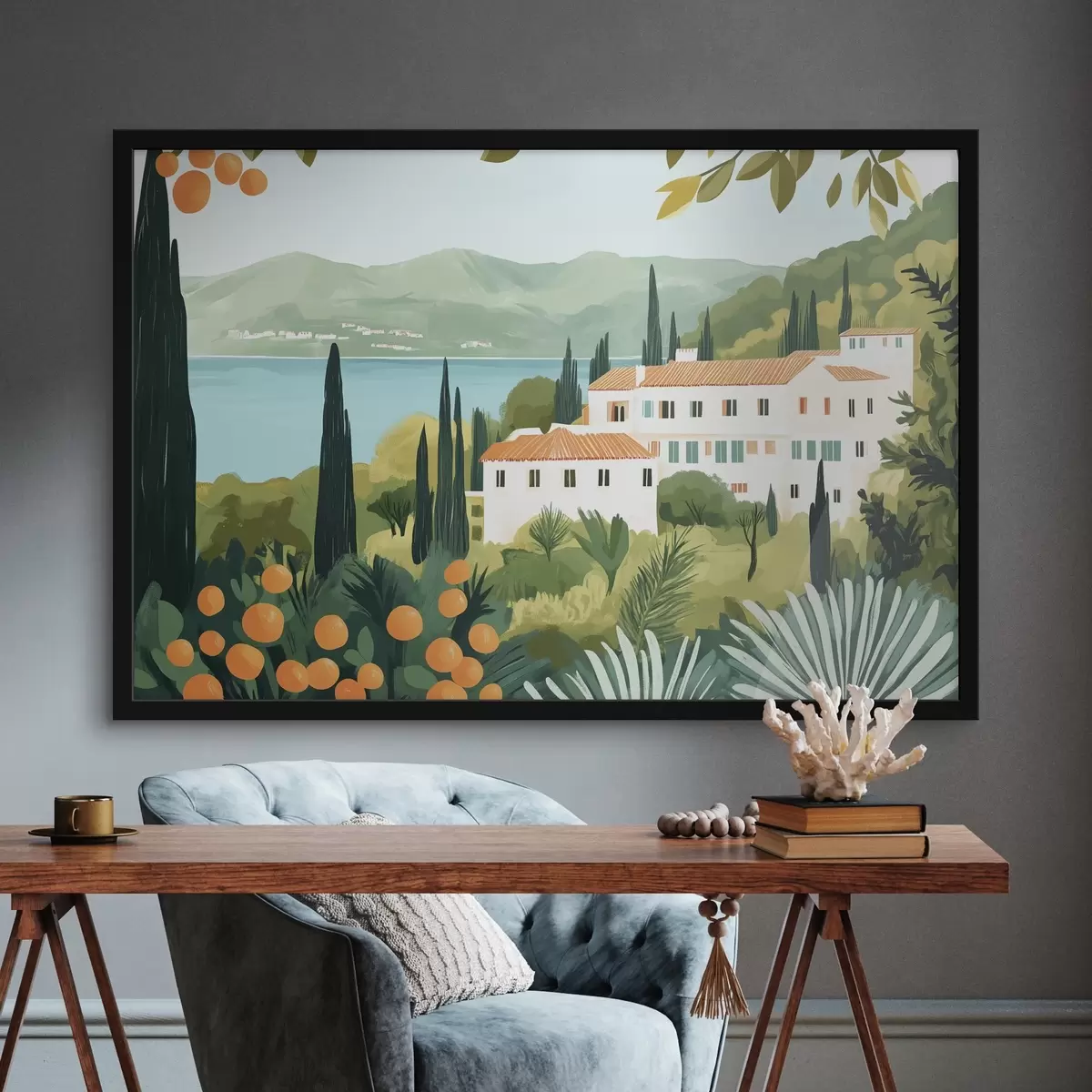 Affiche Paysages méditerranéens avec orangers et maisons, côte maritime f44027