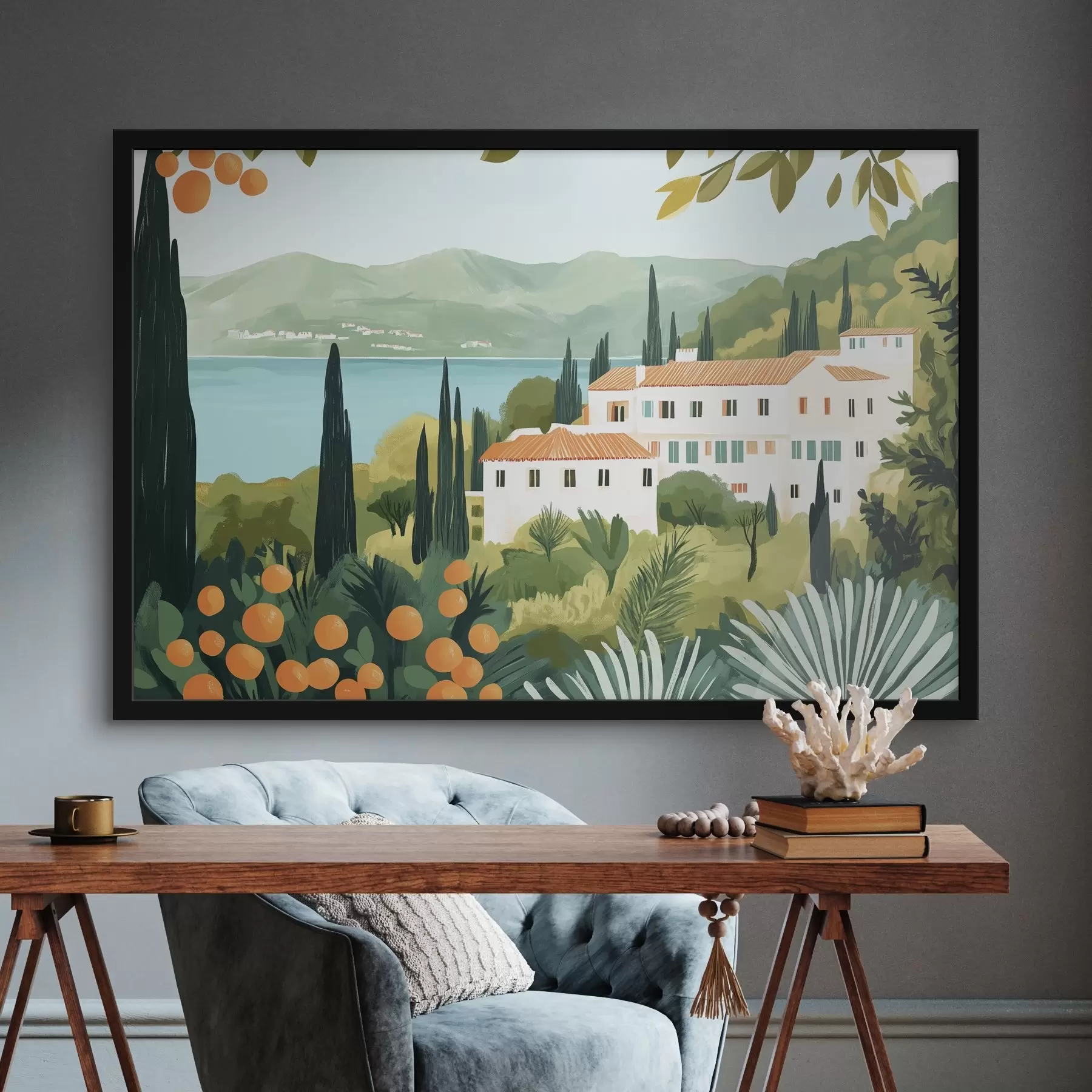  Schilderijen Mediterraan landschap met sinaasappelbomen en huizen, zeekust f44027