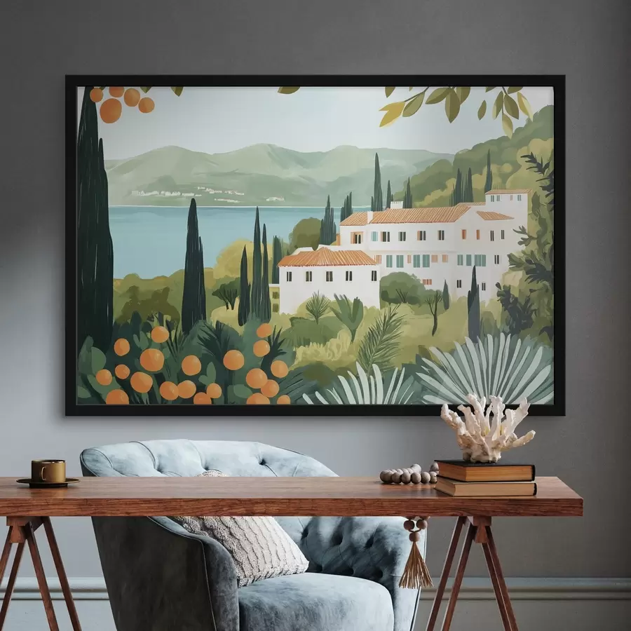 Papier peint photo Paysages méditerranéens avec orangers et maisons, côte maritime f44027