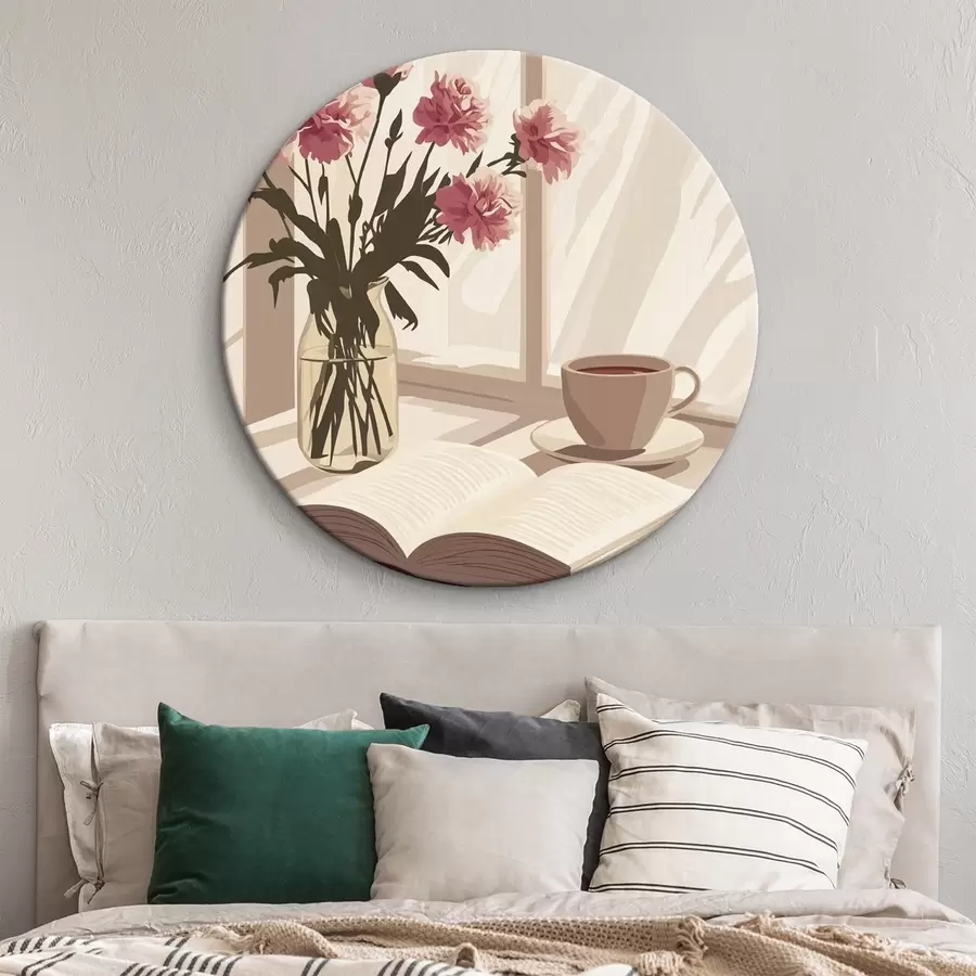  Schilderijen Ochtend esthetiek, kopje koffie, boek, anjer bloemen r44012