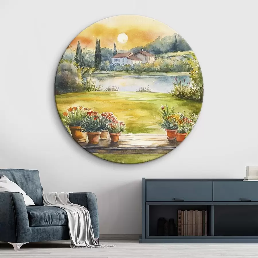  Schilderijen Dorp op de zonsondergang, rustiek, zomer bloemen, meer, aquarel stijl r44016