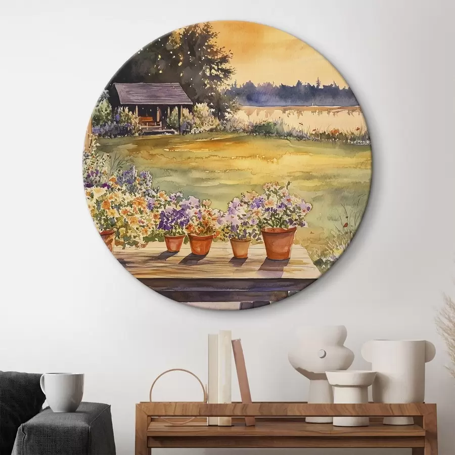  Peintures Fleurs dans le jardin du village, couleurs du coucher de soleil, style aquarelle r44019