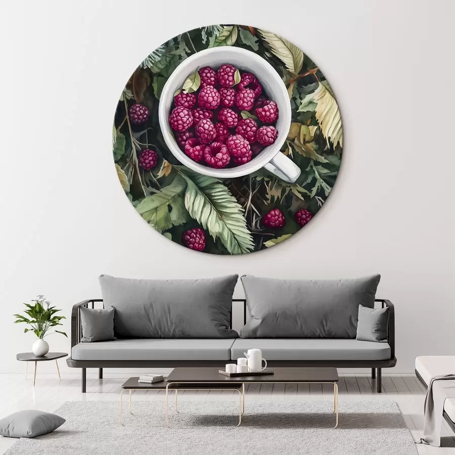  Schilderijen Sappige frambozen in het bos, rustiek, bladeren, aquarel stijl r44023