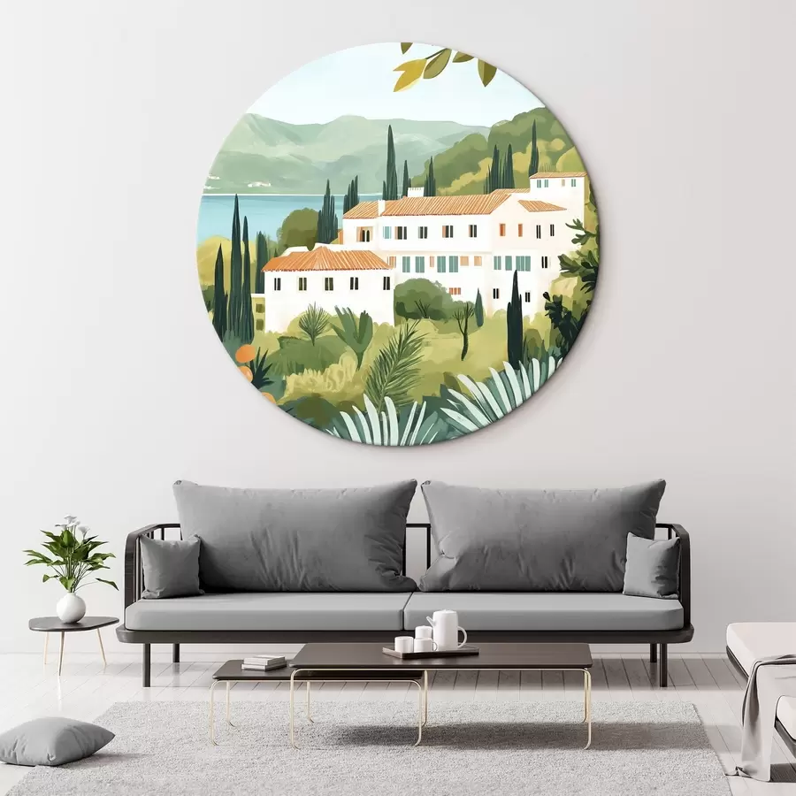  Schilderijen Mediterraan landschap met sinaasappelbomen en huizen, zeekust r44027