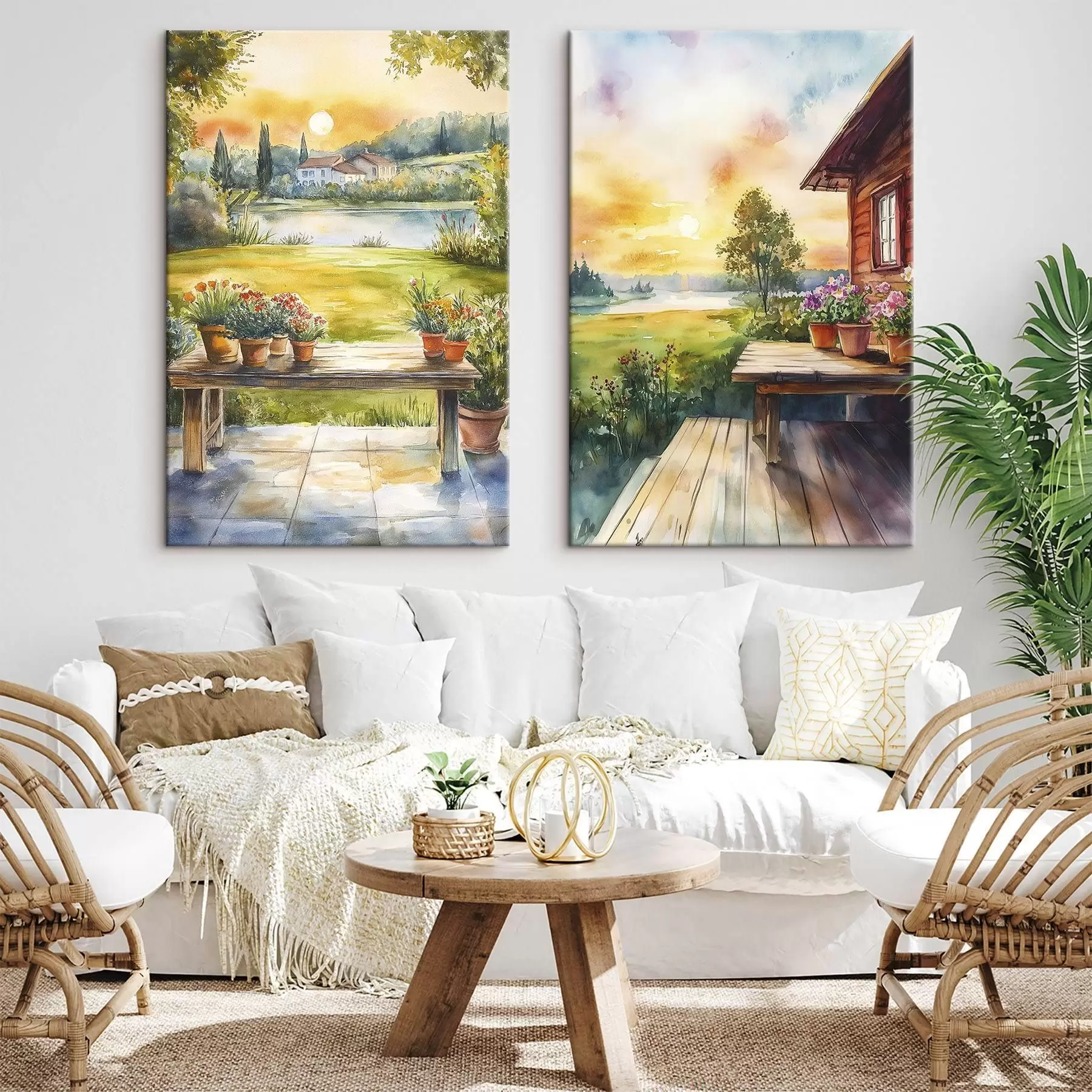  Schilderijen Zomerdorp, zonsondergang, rustiek, bloemen, meer, aquarel stijl m00449