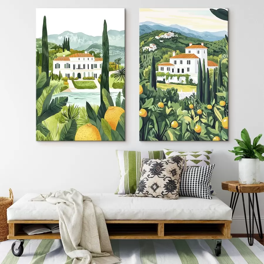  Peintures Paysages méditerranéens avec arbres et maisons, côte maritime, Espagne m00450