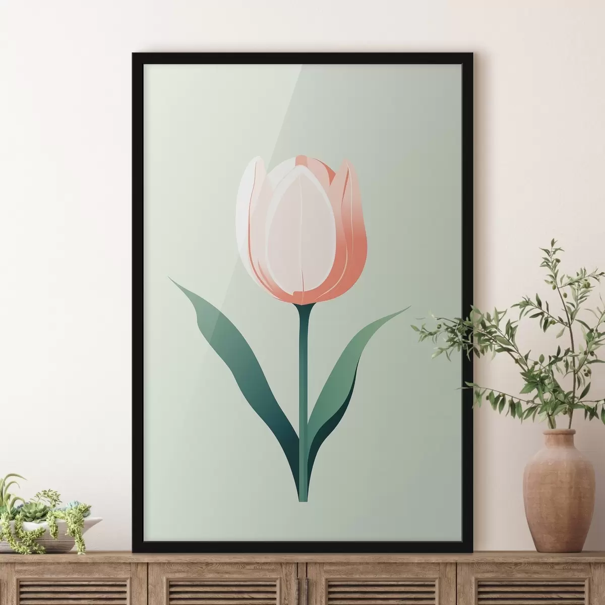 Affiche Tulipe peinte sur fond vert clair f44000