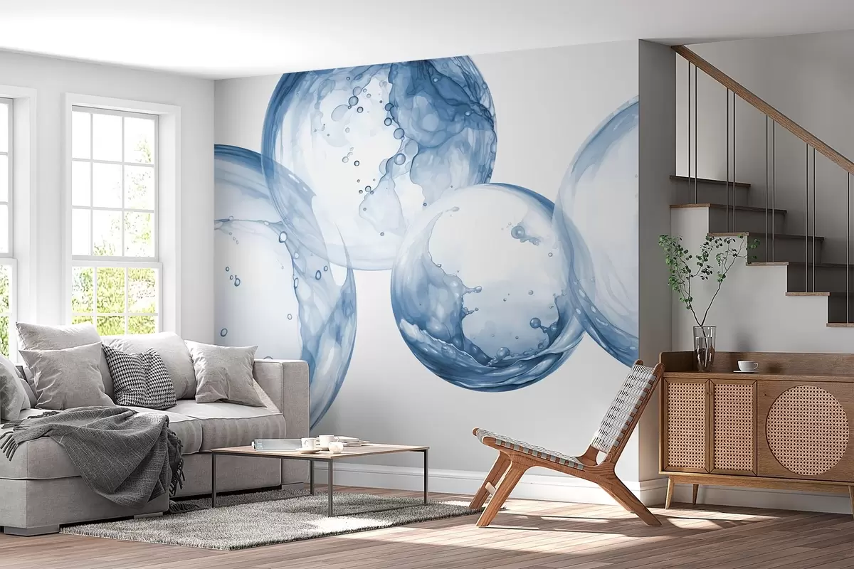 Fotobehang Waterbellen imitatie aquarel, blauwe tint w03736v1