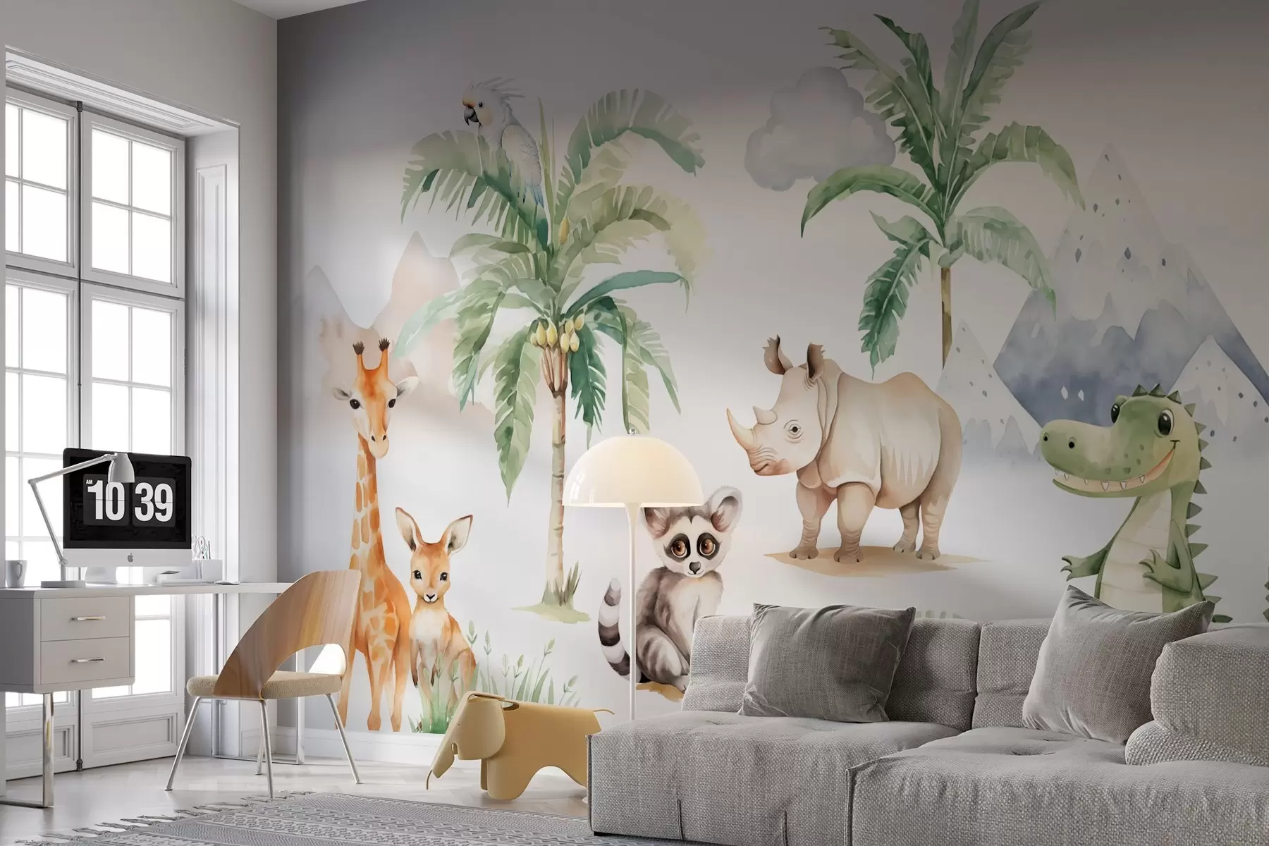 Fotobehang Tropische dieren bij palmbomen imitatie van aquarel w03740