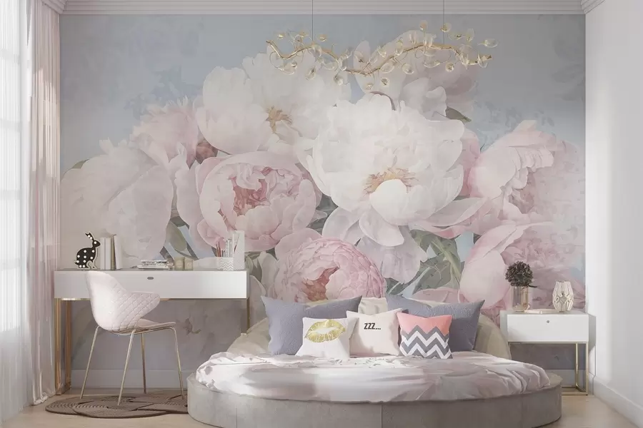 Fotobehang Gestructureerde abstracte roze en witte pioenrozen met groene bladeren, lichtblauwe achtergrond, zachte en delicate kleuren, vintage stijl w09008