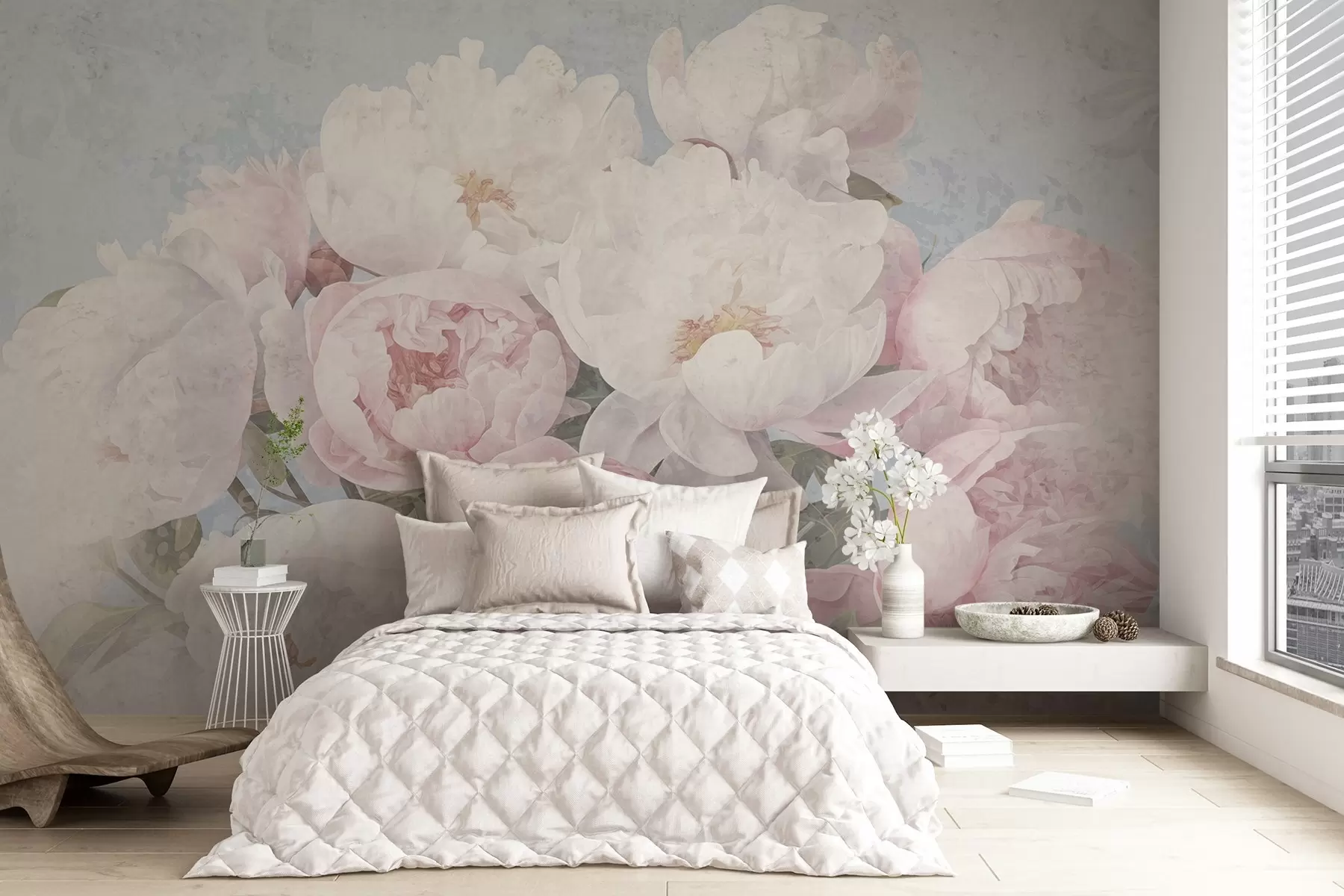 Fotobehang Gestructureerde abstracte roze en witte pioenrozen met groene bladeren, lichtblauwe achtergrond, zachte en delicate kleuren, vintage stijl w09008