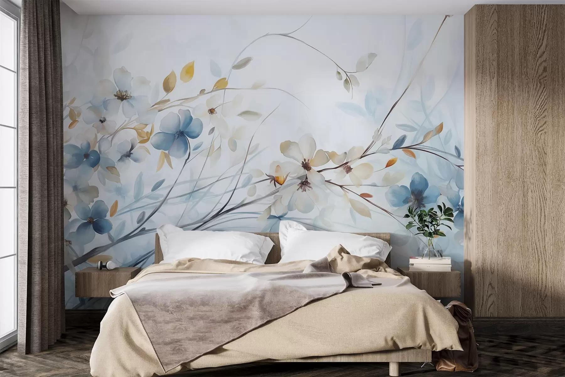 Papier peint photo Arrangement floral avec des feuilles bleues et orange et des fleurs blanches, pétales délicats, branches fines, couleurs douces, effet aquarelle w09009