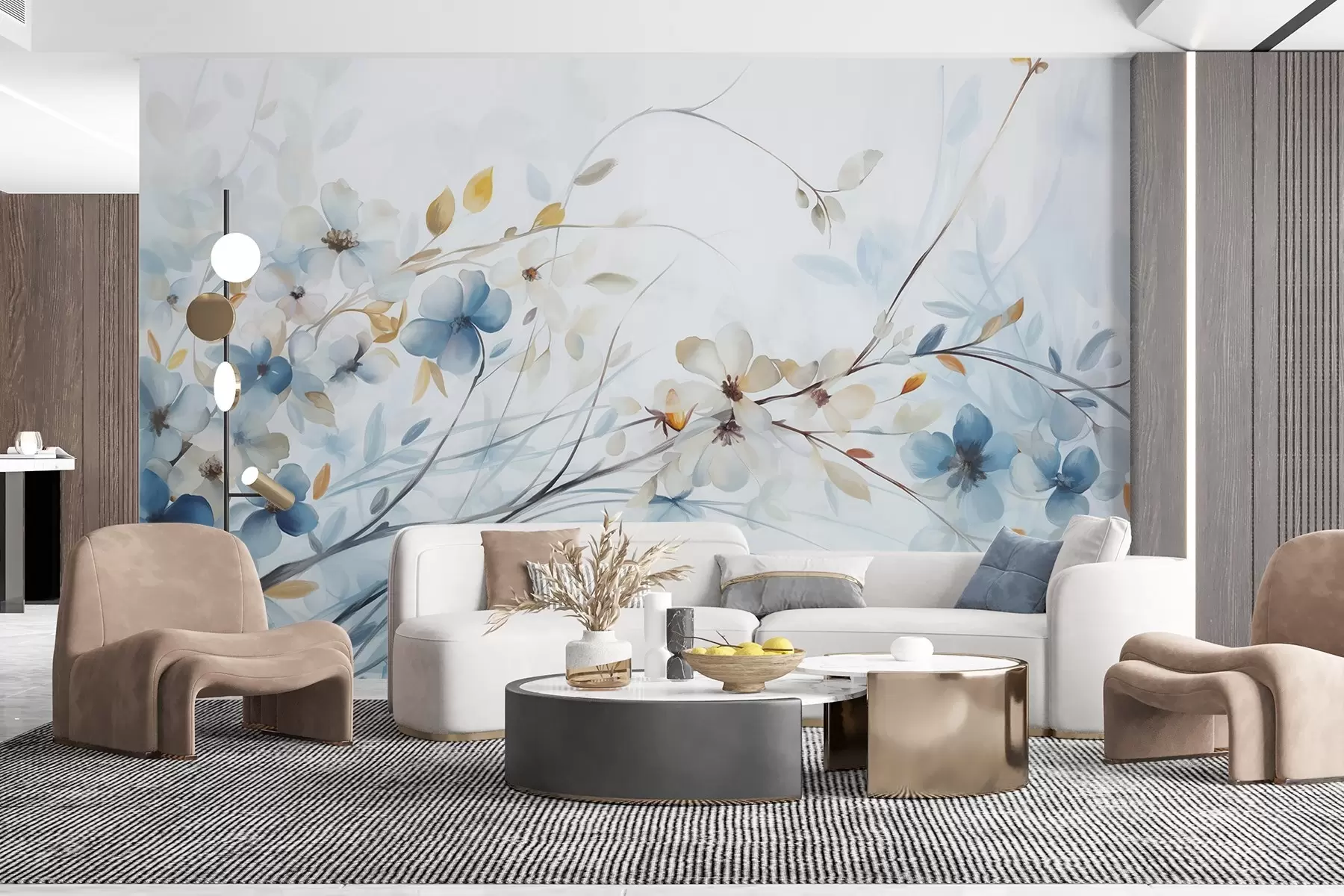 Fotobehang Bloemstuk met blauwe, oranje bladeren en witte bloemen, fijne bloemblaadjes, dunne takken, zachte kleuren, aquareleffect w09009