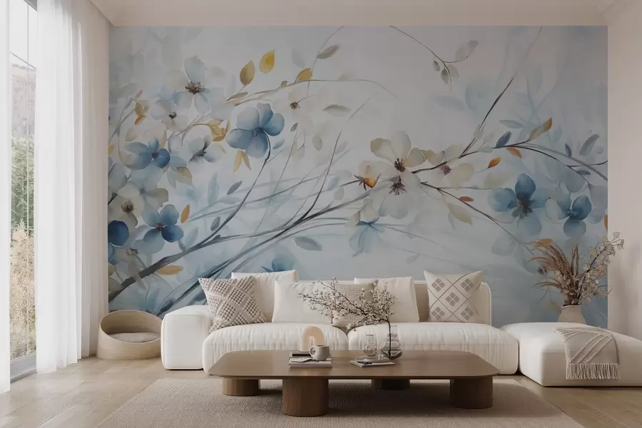 Fotobehang Bloemstuk met blauwe, oranje bladeren en witte bloemen, fijne bloemblaadjes, dunne takken, zachte kleuren, aquareleffect w09009