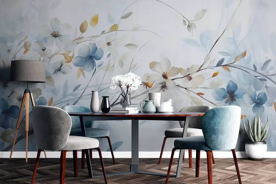 Fotobehang Bloemstuk met blauwe, oranje bladeren en witte bloemen, fijne bloemblaadjes, dunne takken, zachte kleuren, aquareleffect w09009