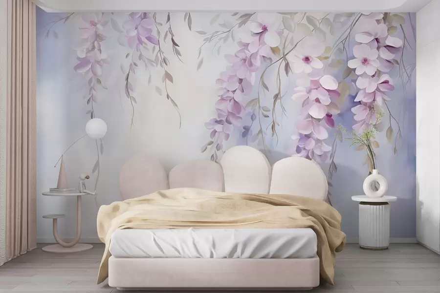 Papier peint photo Fleurs de glycine aux pétales lilas et aux feuilles vertes suspendues aux branches, couleurs pastel douces, arrière-plan de couleur pastel w09010