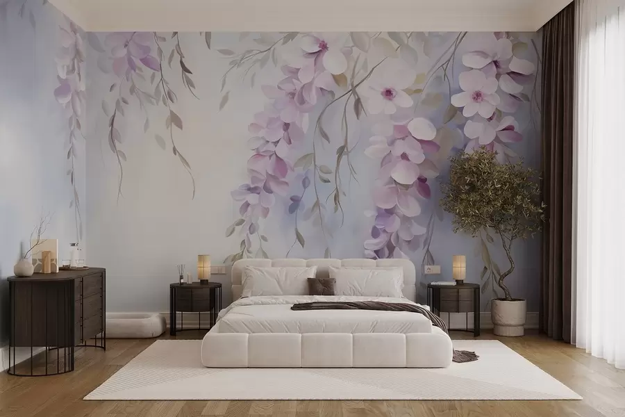 Fotobehang Wisteria bloemen met lila bloemblaadjes en groene bladeren hangend aan takken, zachte pastelkleuren, pastelkleurige achtergrond w09010