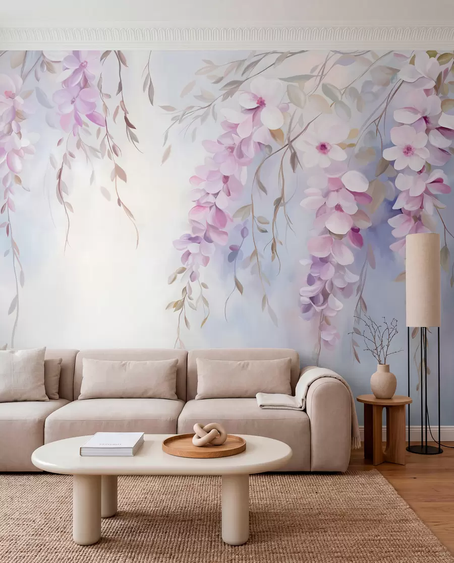 Fotobehang Wisteria bloemen met lila bloemblaadjes en groene bladeren hangend aan takken, zachte pastelkleuren, pastelkleurige achtergrond w09010