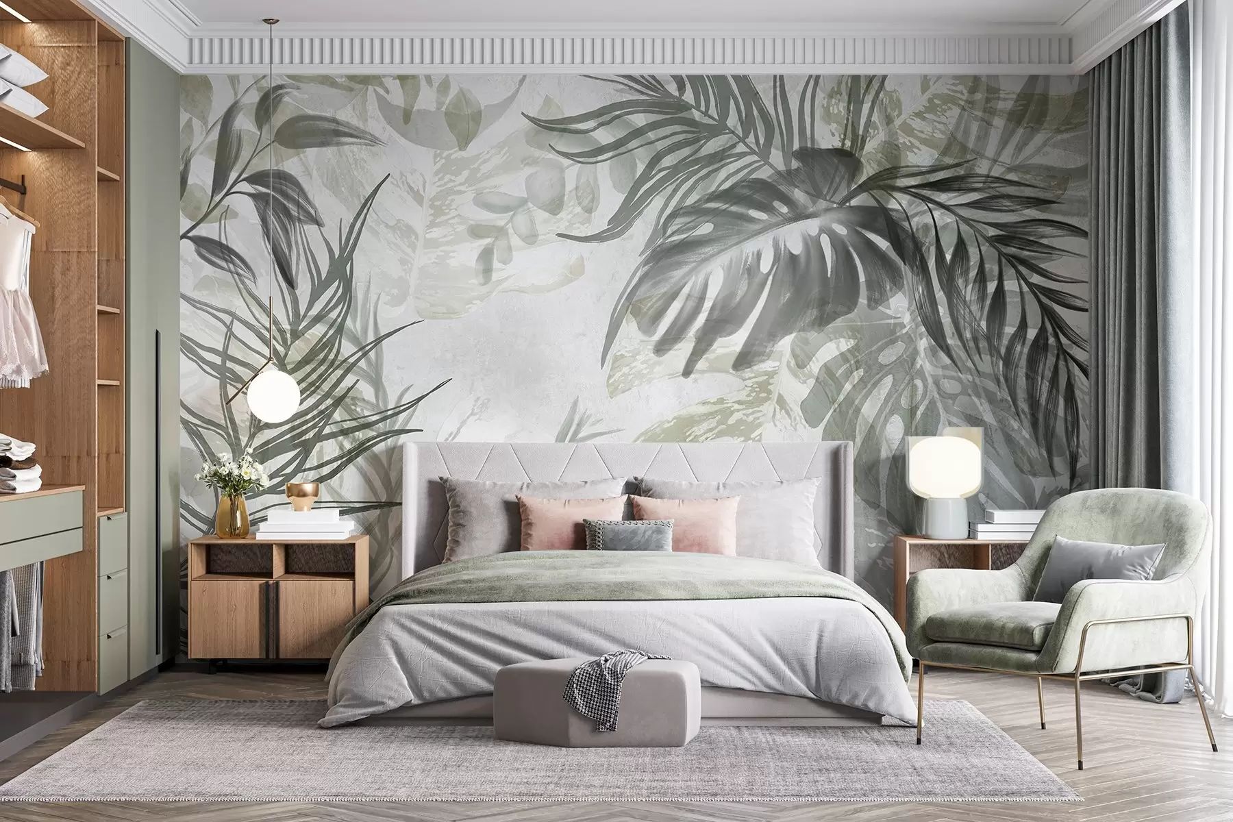 Papier peint photo Monstera et feuilles de palmier dans les tons de vert et de gris, botanique, feuillage tropical, plantes de la jungle, fond texturé w09011