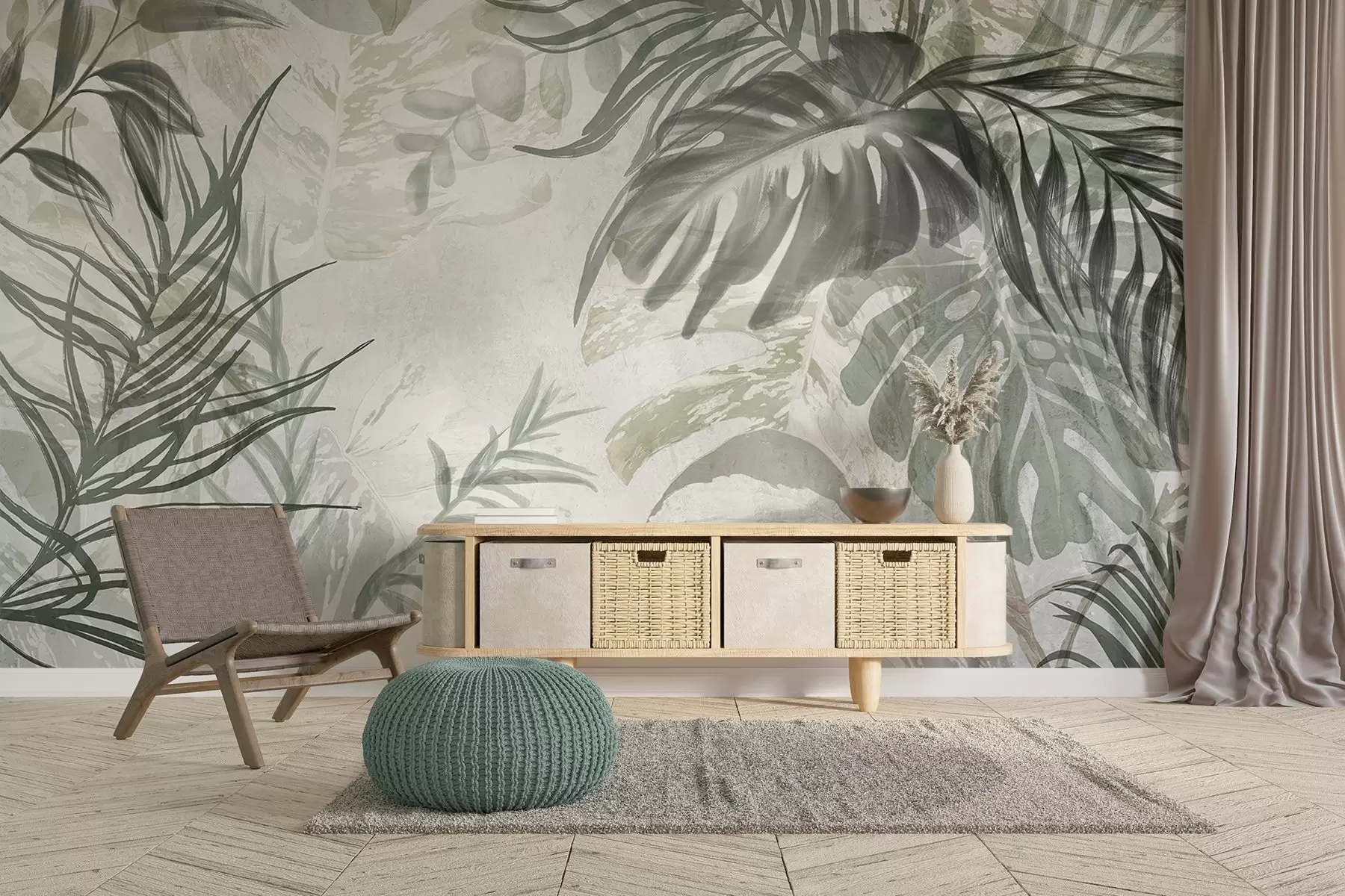 Fotobehang Monstera en palmbladeren in tinten groen en grijs, botanisch, tropisch gebladerte, jungle planten, getextureerde achtergrond w09011