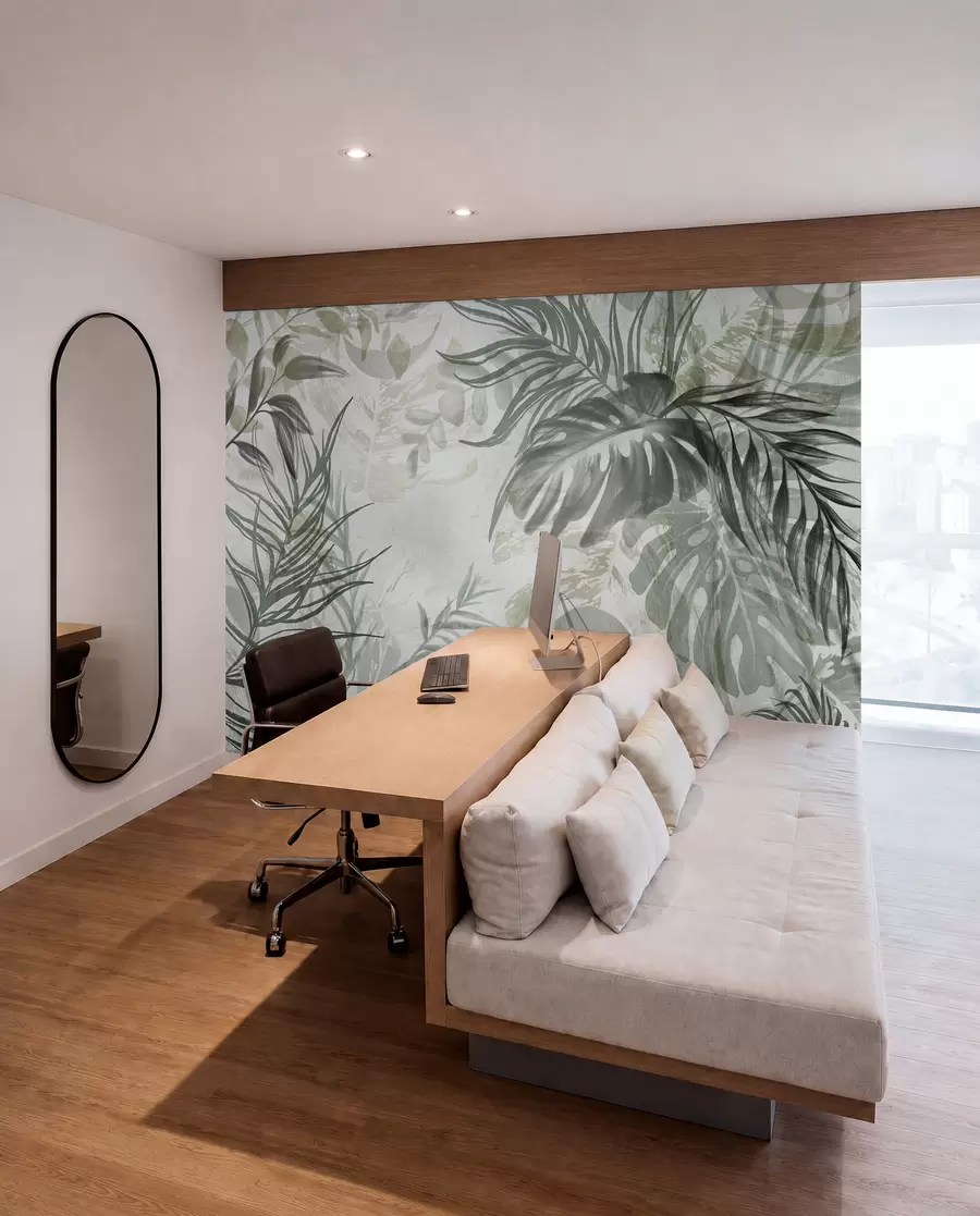Fotobehang Monstera en palmbladeren in tinten groen en grijs, botanisch, tropisch gebladerte, jungle planten, getextureerde achtergrond w09011