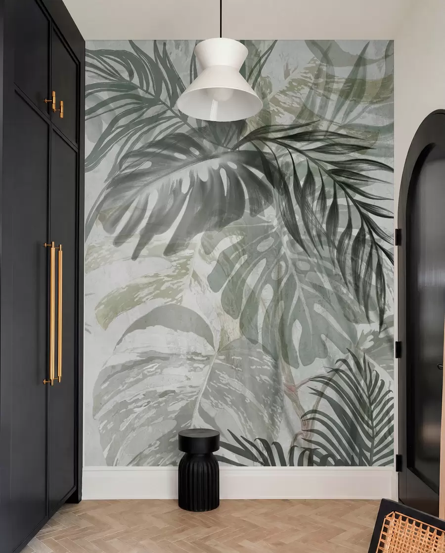 Fotobehang Monstera en palmbladeren in tinten groen en grijs, botanisch, tropisch gebladerte, jungle planten, getextureerde achtergrond w09011