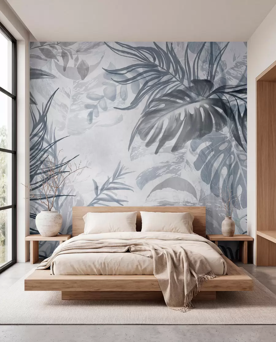 Papier peint photo Monstera et feuilles de palmier dans les tons de bleu et de gris, botanique, feuillage tropical, plantes de la jungle, fond texturé w09011v1