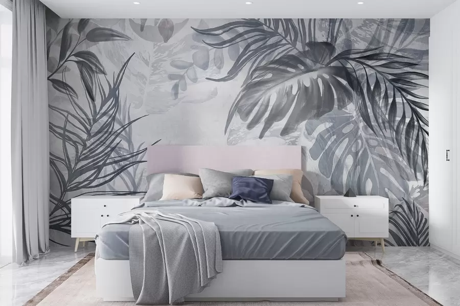 Papier peint photo Monstera et feuilles de palmier dans les tons de bleu et de gris, botanique, feuillage tropical, plantes de la jungle, fond texturé w09011v1