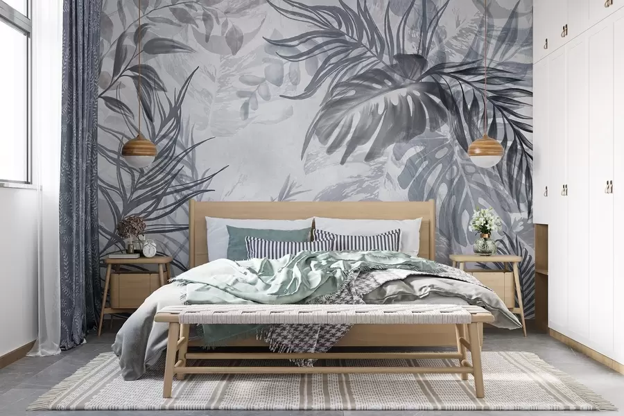 Papier peint photo Monstera et feuilles de palmier dans les tons de bleu et de gris, botanique, feuillage tropical, plantes de la jungle, fond texturé w09011v1