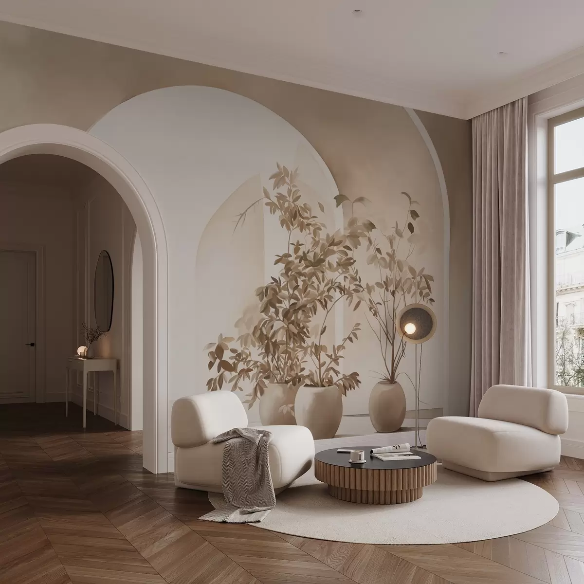 Fotobehang Planten in potten met beige tinten voor abstracte bogen, minimalistische stijl, elegant en schoon, neutrale achtergrond w09013