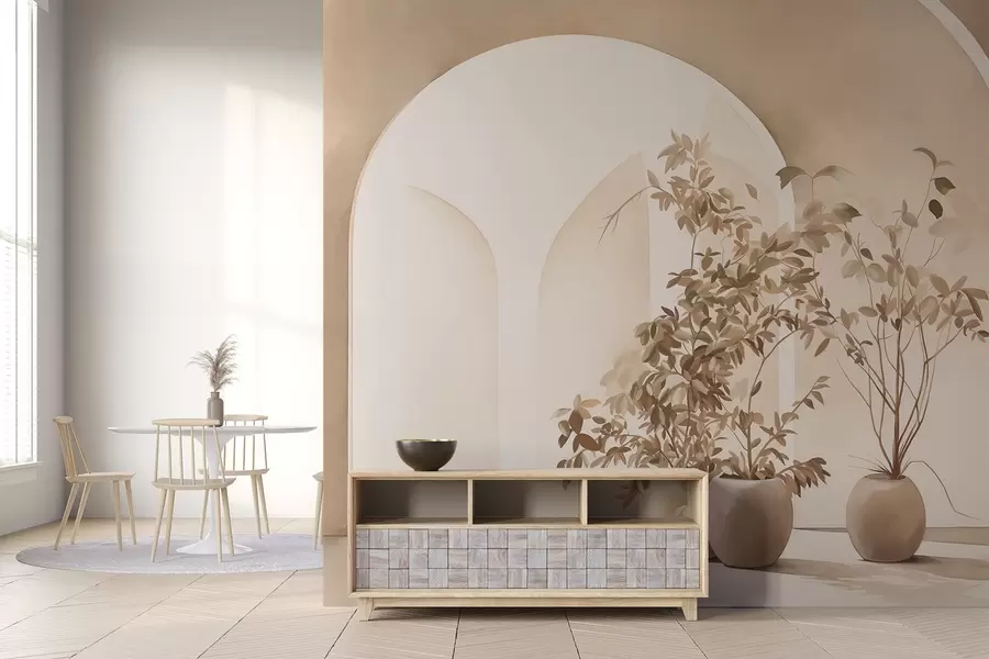 Fotobehang Planten in potten met beige tinten voor abstracte bogen, minimalistische stijl, elegant en schoon, neutrale achtergrond w09013