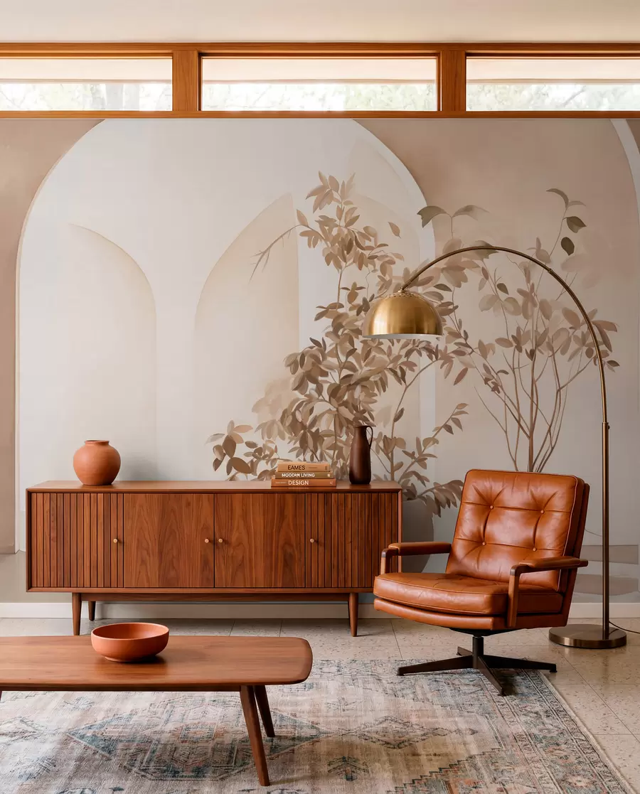 Fotobehang Planten in potten met beige tinten voor abstracte bogen, minimalistische stijl, elegant en schoon, neutrale achtergrond w09013