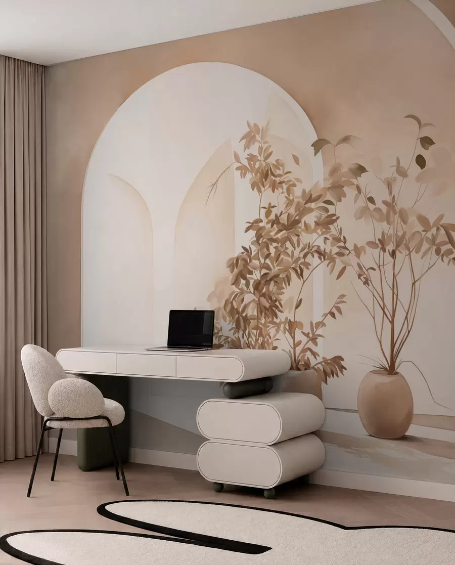 Fotobehang Planten in potten met beige tinten voor abstracte bogen, minimalistische stijl, elegant en schoon, neutrale achtergrond w09013