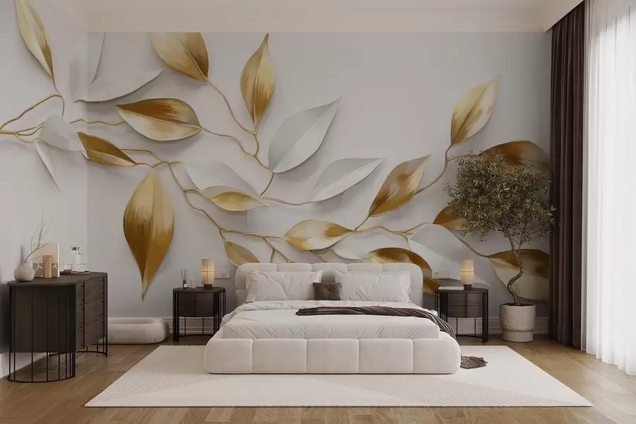 Fotobehang Gele en witte bladeren op een tak , elegant ontwerp, witte achtergrond, minimalistische stijl, decoratieve kunst , op de natuur geïnspireerd w09015