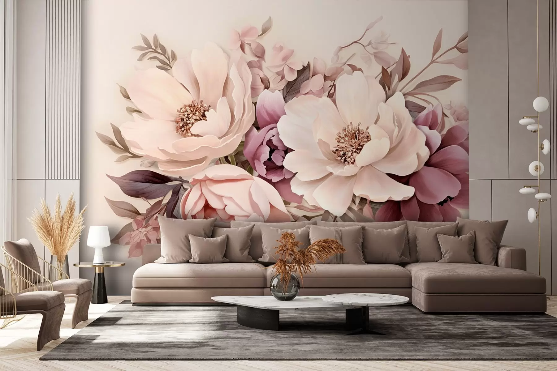 Fotobehang Delicate compositie van roze en beige bloemen, pioenen met bladeren w09019
