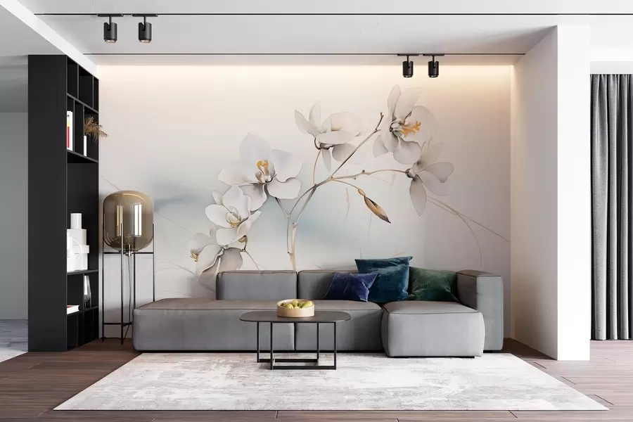 Fotobehang Witte orchideeëntak in aquarelstijl w09022