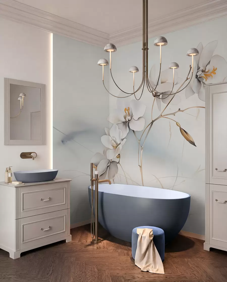 Fotobehang Witte orchideeëntak in aquarelstijl w09022