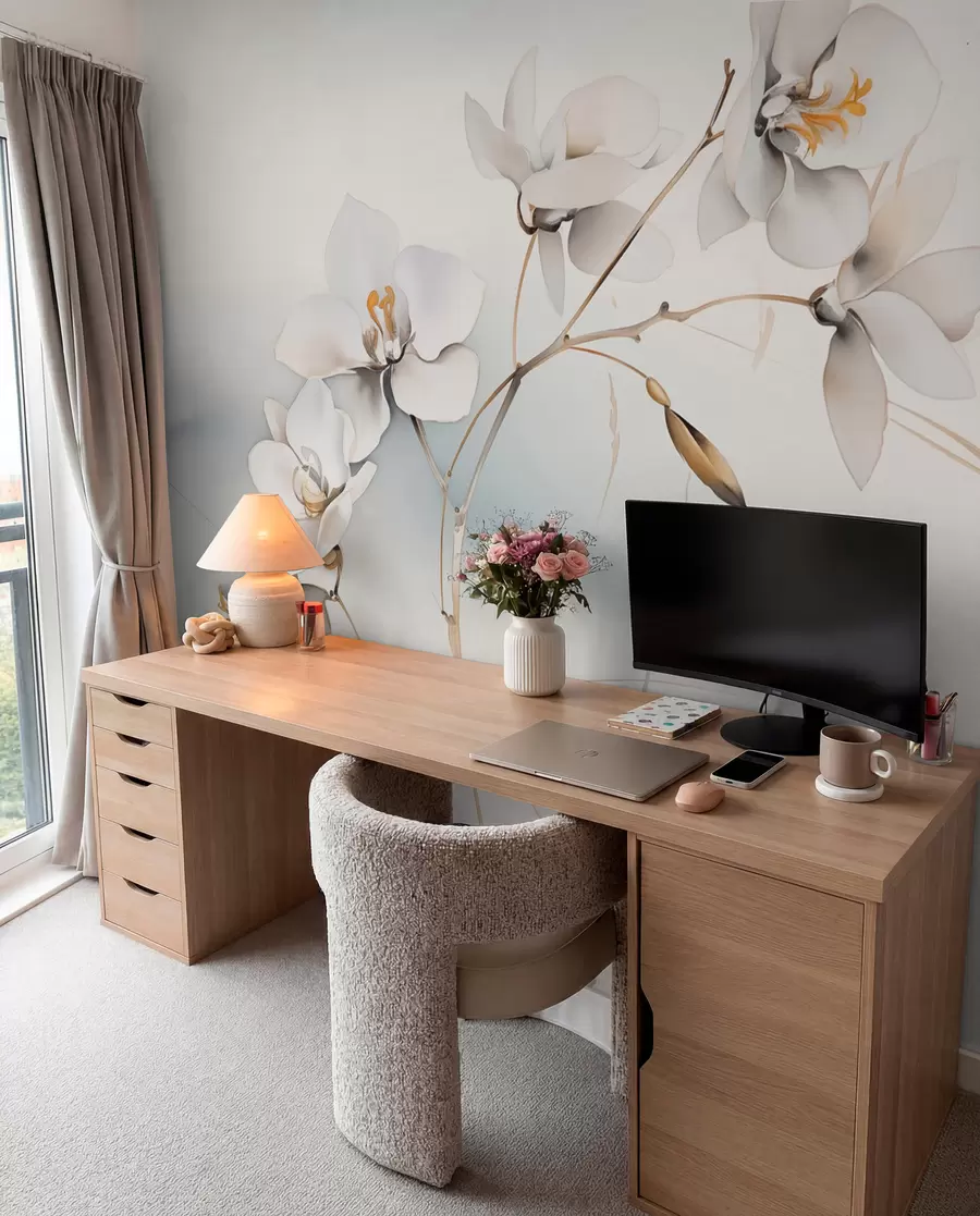 Fotobehang Witte orchideeëntak in aquarelstijl w09022
