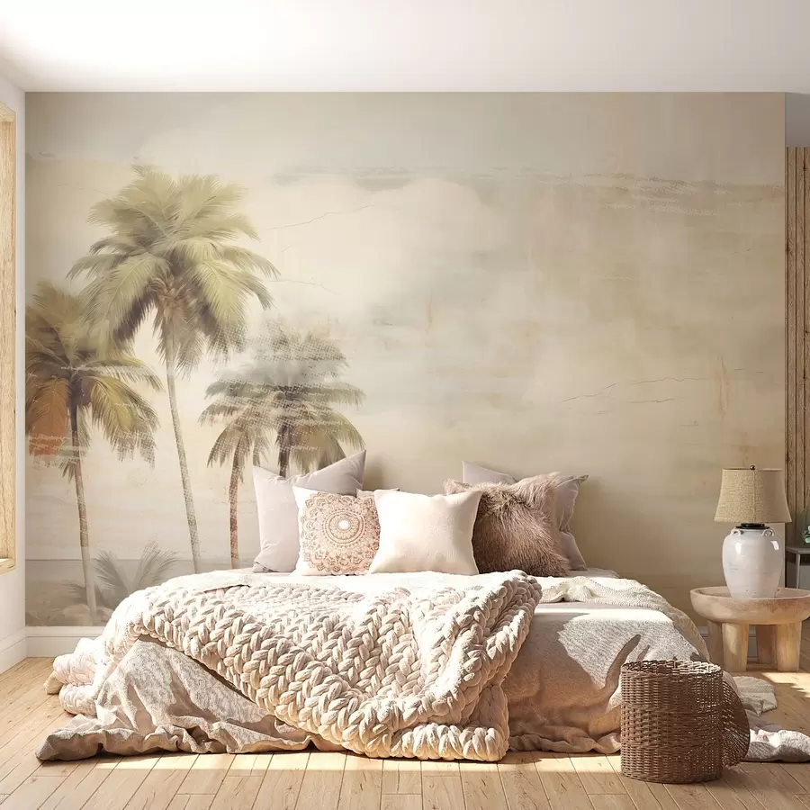 Papier peint photo Rêve tropical, palmiers, nuages, ciel, mer, texture w03780