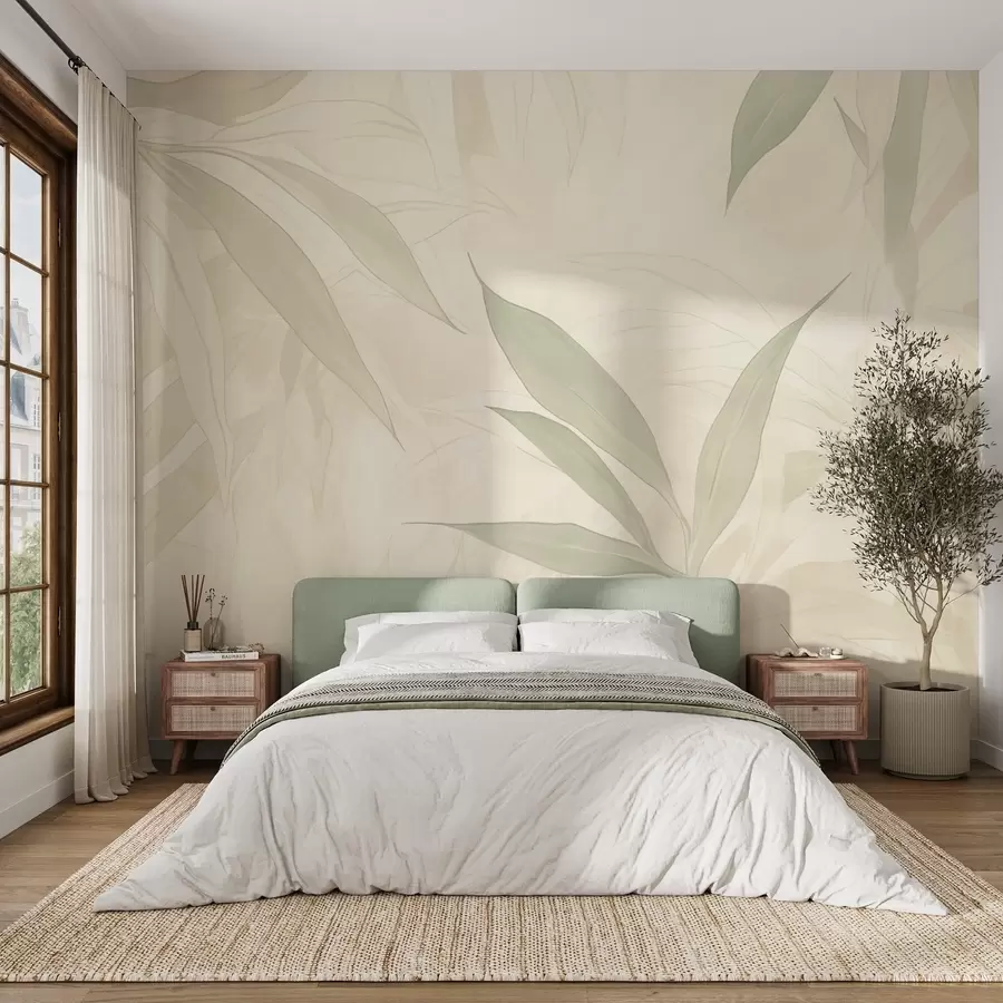 Fotobehang Takken met bladeren in zachtgroene tinten op een beige achtergrond w09027