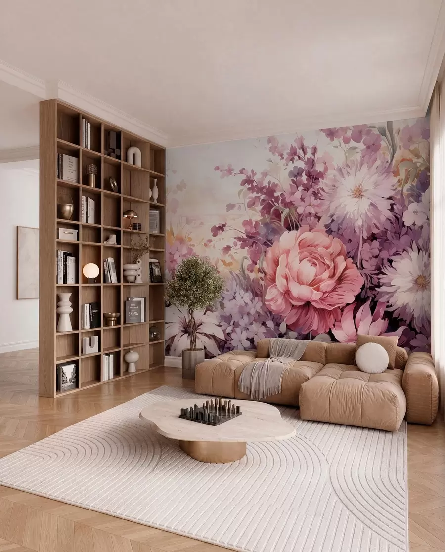Fotobehang Kleurrijke bloemen in roze en paarse tinten: seringen, pioenen, chrysanten w09039