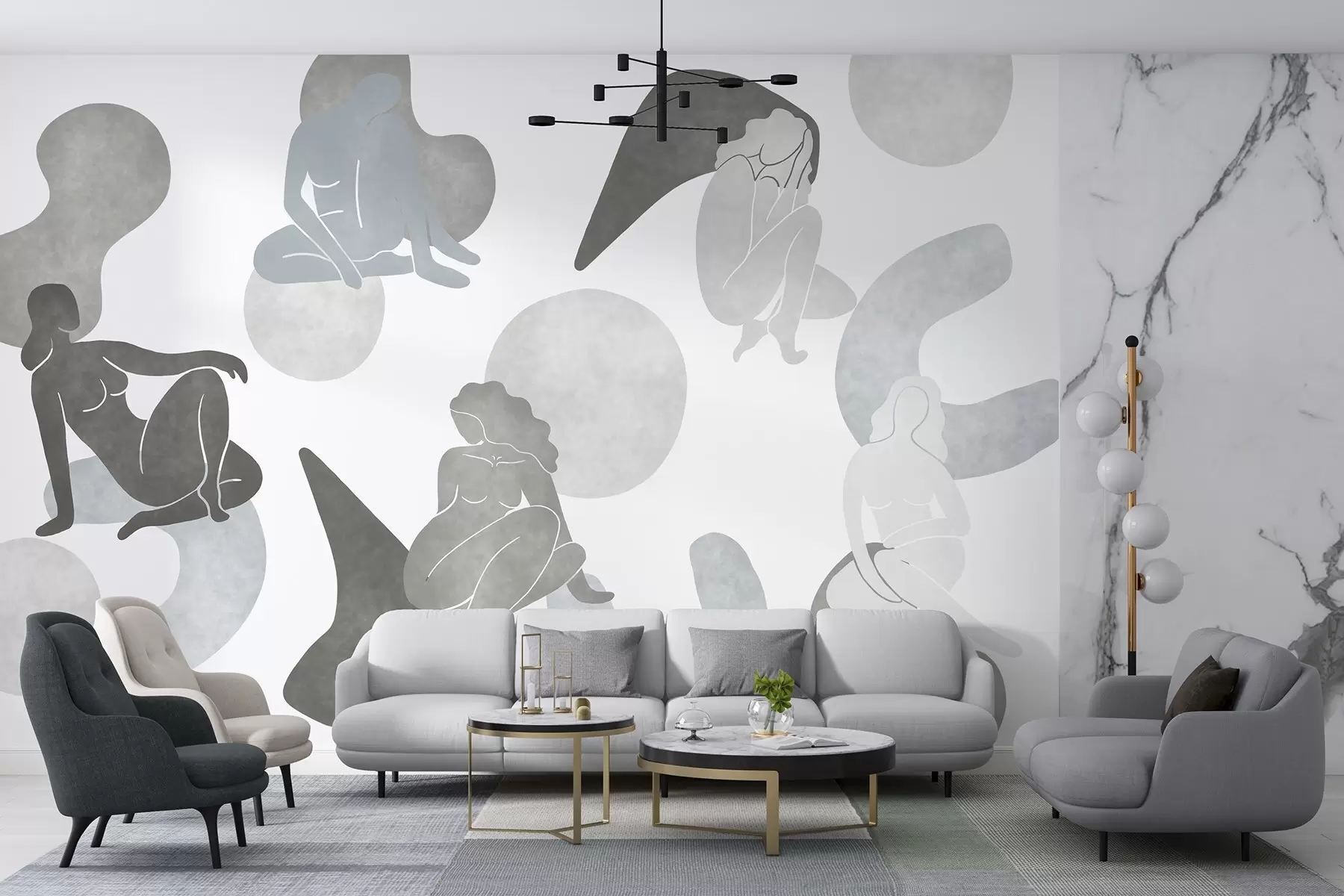 Fotobehang Geometrische abstracties met vrouwelijke silhouetten, boho-stijl, grijze kleuren w03753v5