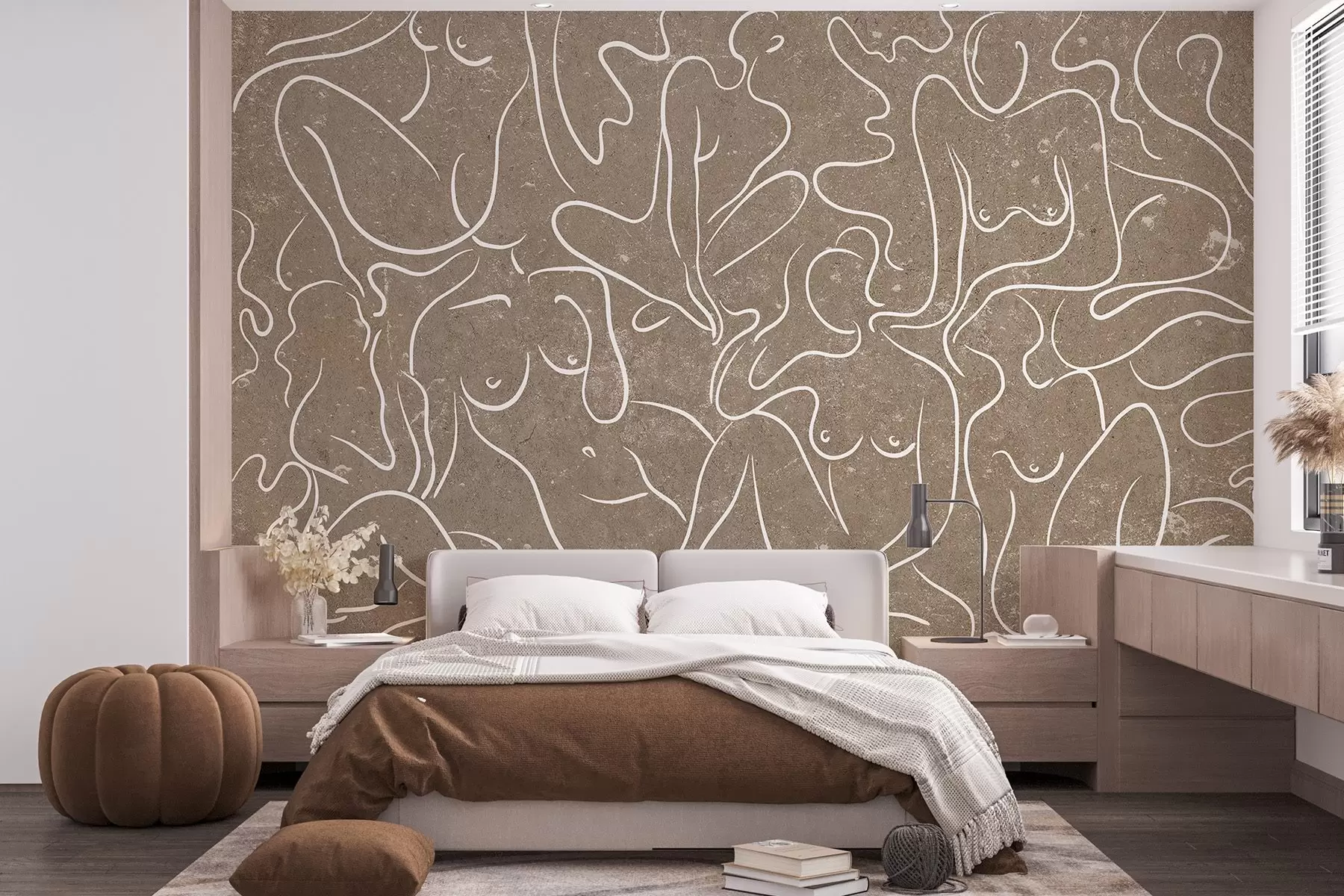 Fotobehang Lijntekening anatomische silhouetten, abstractie, beige achtergrond w03756