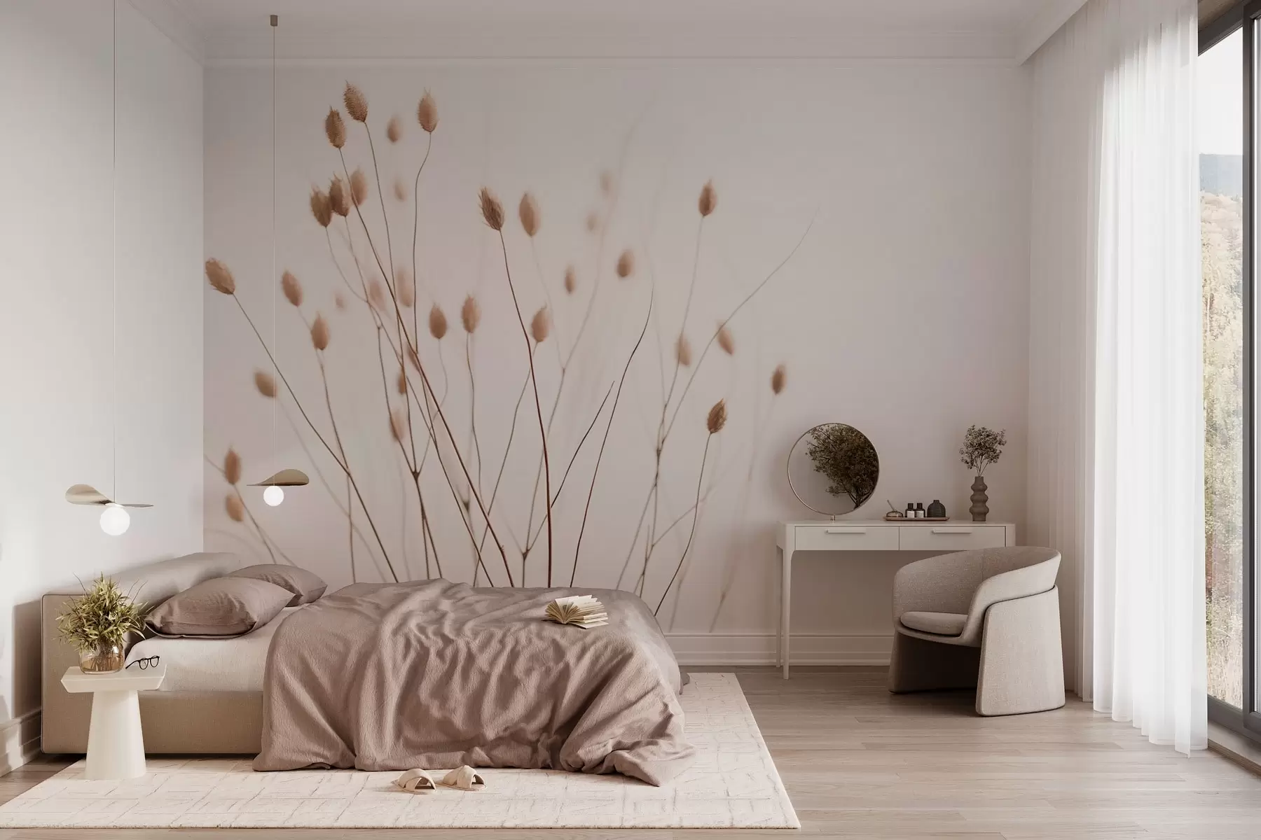 Fotobehang Minimalistische takken met aartjes op een witte achtergrond w03805